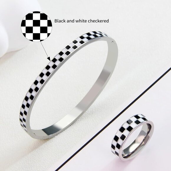 Checkered Stainless Steel Jewelry Set Bracelets Rings Hypoallergenic Gift for Wo - Picture 4 of 8